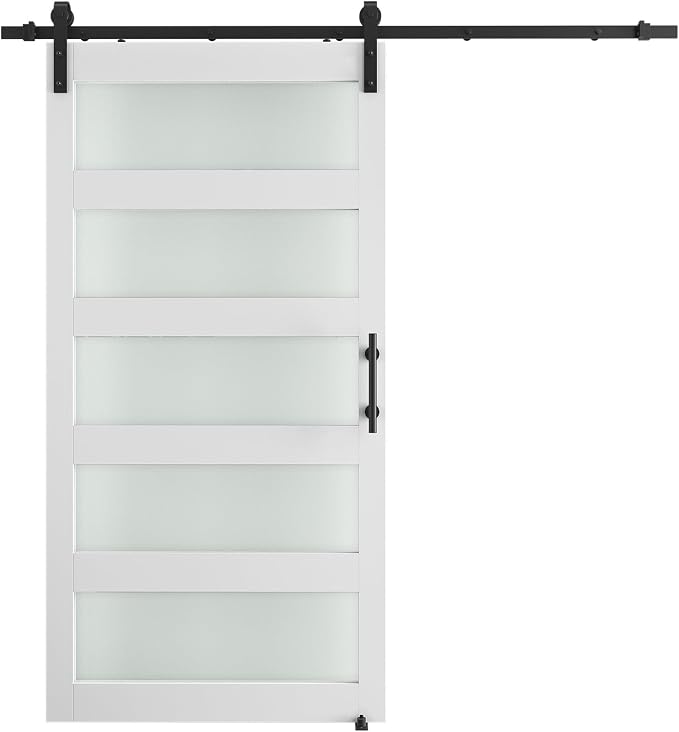 42'' x 84'' Glass Barn Door and 7Ft Hardware Kit Included, White | MDF White Barn Door Slab with Frosted Glass, PVC Surface, Combined with Handle and Floor Guide-Assembly Required