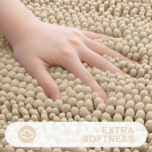 Grandaily Chenille Striped Bathroom Rugs 47x20, Extra Thick and Absorbent Bath Mats, Non-Slip Soft Plush Shaggy Shower Carpet, Machine Wash Dry, Bath Rug for Bathroom, Beige
