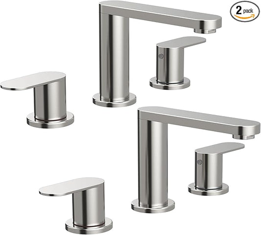 BWE 2 Pack Brushed Nickel Bathroom Faucet for Sink 3 Hole, Stainless Steel Widespread Bathroom Faucets with Pop-up Drain and Supply Lines, 360° Swivel Spout 2-Handle Bathroom Sink Faucet for Vanity
