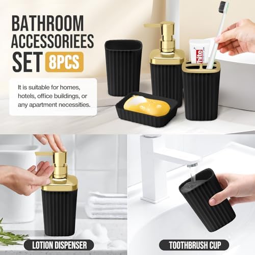 Bathroom Accessory Set, Shower Curtain Set, Toilet Brush, Trash Can & Soap Dispenser (Black Gold, Plastic)