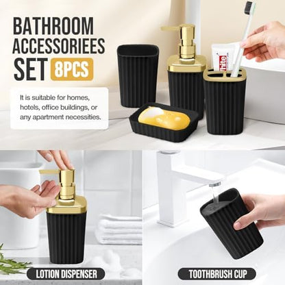 Bathroom Accessory Set, Shower Curtain Set, Toilet Brush, Trash Can & Soap Dispenser (Black Gold, Plastic)
