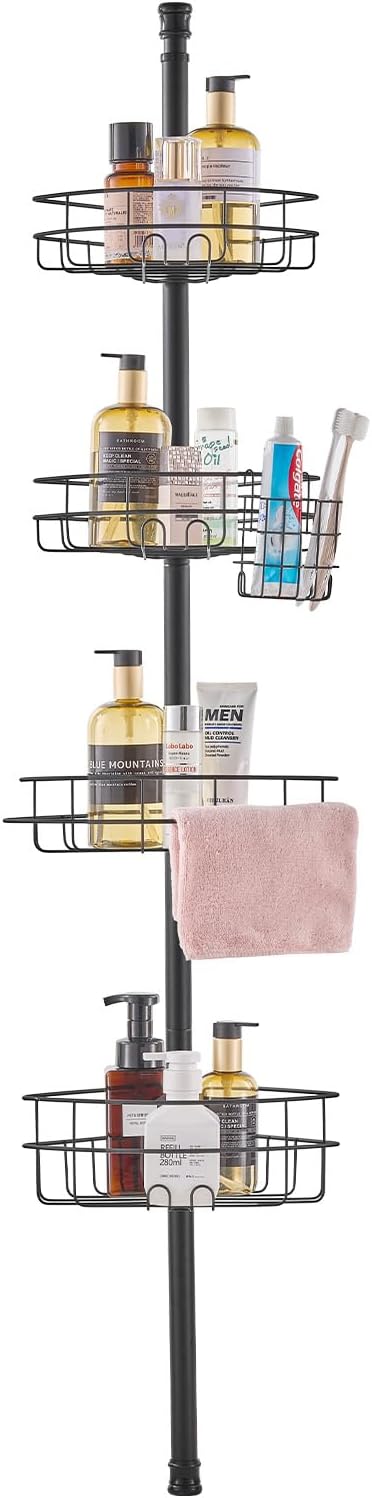 VEVOR Corner Shower Caddy Tension Pole, 4 Tier Adjustable Rustproof Organizer Shelves for Bathroom & Washroom, 42-114inch High, Black
