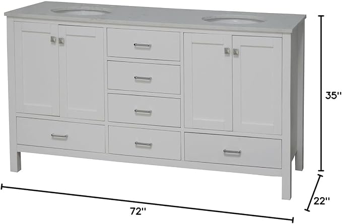 Horizon 72-inch Double Bathroom Vanity (Engineered Carrara/White): Includes White Cabinet with Engineered Carrara Countertop and White Ceramic Sinks