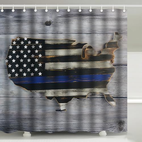 Thin Blue Line USA Map Pride Flag Shower Curtain with Hooks 72 x 72 Inch