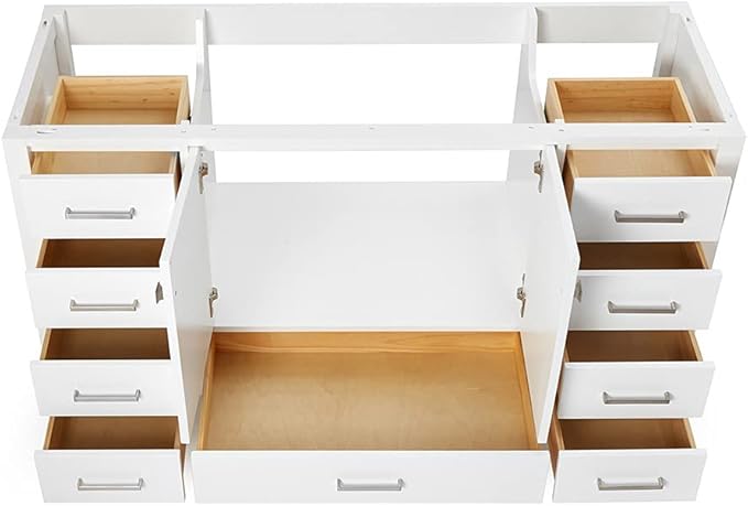 ARIEL Cambridge 60-inch Bathroom Vanity Base Cabinet,Solid Wood, 2 Soft Closing Doors, 9 Dovetail Drawers, White
