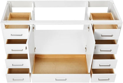ARIEL Cambridge 60-inch Bathroom Vanity Base Cabinet,Solid Wood, 2 Soft Closing Doors, 9 Dovetail Drawers, White