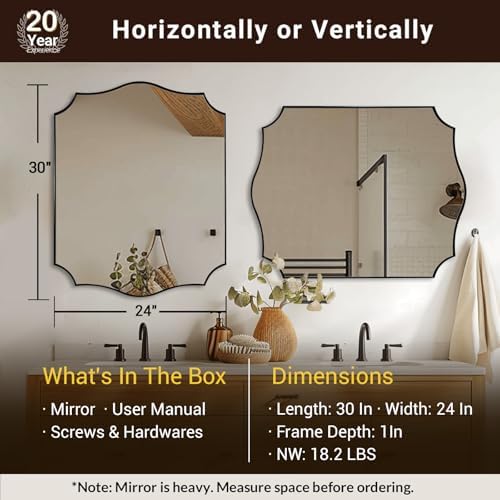 ANDY STAR 24"x30" Black Scalloped Mirror, Bathroom Mirrors for Over Sink, Black Framed Mirror with Elegant Curved Scallop Design, Premium Stainless Steel Thin Frame, Hangs Horizontally or Vertically