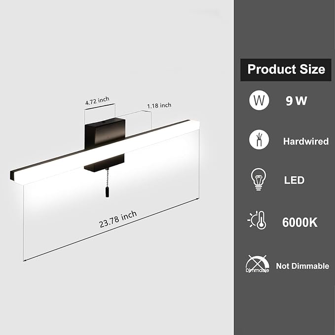 24 Inch LED Bathroom Light Bar Over Mirror, Modern Vanity Light with Pull Chain Switch On/Off, Black Wall Light Fixture, Cool White 6000K