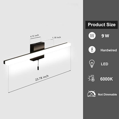 24 Inch LED Bathroom Light Bar Over Mirror, Modern Vanity Light with Pull Chain Switch On/Off, Black Wall Light Fixture, Cool White 6000K
