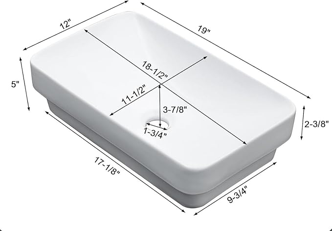 Lordear Vessel Sink Bathroom Semi Recessed Sink 19 x 12 Inch Rectangular White Ceramic Vessel Sink Modern Vanity Sink Bath Wash Sinks Bowl Above Counter Basin