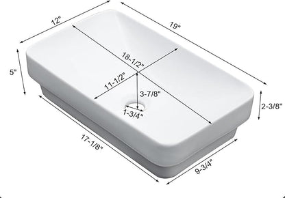 Lordear Vessel Sink Bathroom Semi Recessed Sink 19 x 12 Inch Rectangular White Ceramic Vessel Sink Modern Vanity Sink Bath Wash Sinks Bowl Above Counter Basin