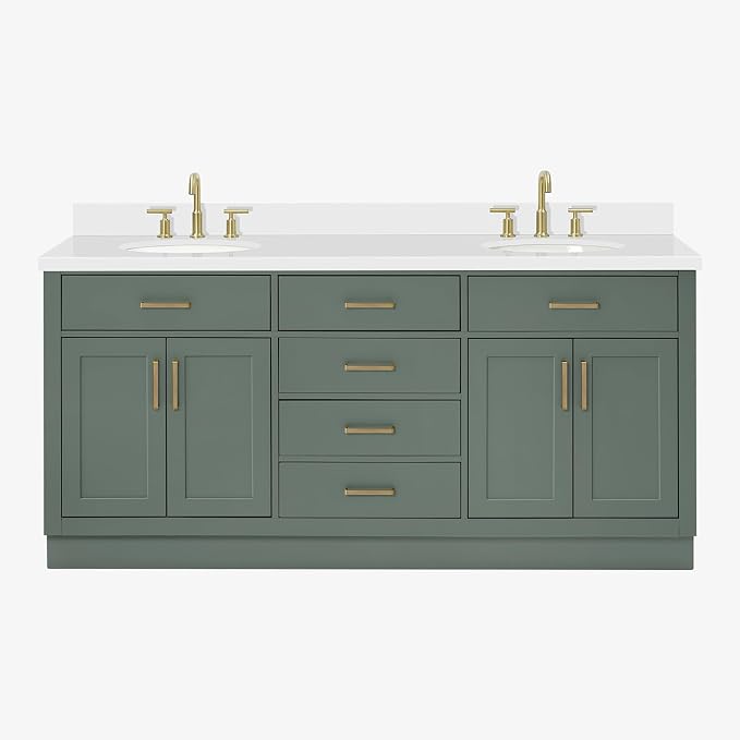 ARIEL Hepburn 72-inch Bathroom Vanity with Sink,Solid Wood, 1.5-inch Pure White Quartz Countertop & Backsplash, Double Oval Porcelain Sink, 4 Soft Closing Doors, 6 Dovetail Drawers, Vintage Green