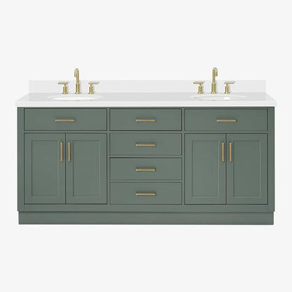 ARIEL Hepburn 72-inch Bathroom Vanity with Sink,Solid Wood, 1.5-inch Pure White Quartz Countertop & Backsplash, Double Oval Porcelain Sink, 4 Soft Closing Doors, 6 Dovetail Drawers, Vintage Green