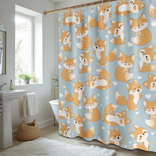 Cute Fox Shower Curtain Kids Toddler Cartoon Animal Shower Curtains for Bathroom Decor, Waterproof Cloth Fabric with Hooks 70" W x 84" L