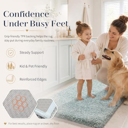 Yimobra Luxury Bathroom Rugs, Fluffy Bath Mats, Non Slip, Water Absorbent Microfiber, Machine Washable, Plush Runner Shower Rugs, Thick Matts for Bathroom Floor/Tub, 47"x 24", Sky Light Blue and White