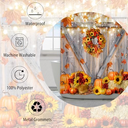 Fall Shower Curtain, Rustic Autumn Pumpkins Wood Barn Door Sunflowers Thanksgiving Harvest Farmhouse Bathroom Decor, Waterproof Cloth Fabric Bath Curtain with Hooks 72 x 72 inch