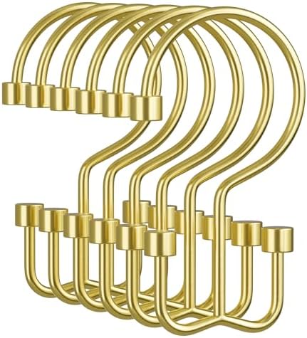 Amazer Gold Shower Curtain Hooks, 12PCS Minimalist Simple Double Shower Curtain Rings, Rust-Resistant Metal Shower Hooks, Cylinders Shower Rings for Bathroom Shower Rods Curtains