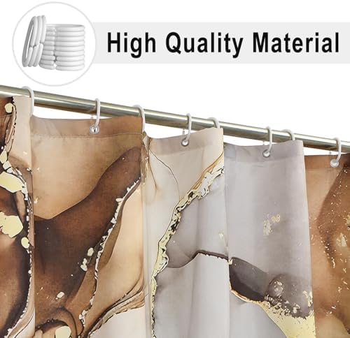 Brown Marble Shower Curtain, Modern Abstract Luxury Brown Gold Ink Texture Watercolor Art Bathroom Curtains Ombre Machine Washable Waterproof Fabric Bathtub Curtain Set with Hooks 66" Wx72 L