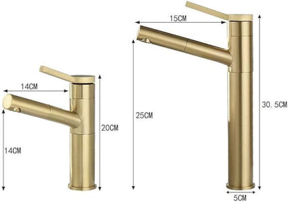 Faucet Pull Out Bathroom Basin Faucet with Shower Head Water Mixer Sink Single Handle Deck Mounted Tap Tall (Short Brushed Gold) Faucet