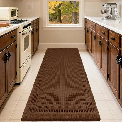 Extra Large Waffle Bath Mat, Boho Woven Modern Bath Rug Absorbent Non Slip, Ultra Soft Bathroom Mats, Machine Washable Knit Bath Rugs with Border for Bathroom, Bedroom, Kitchen, Shower, 6'x2', Brown