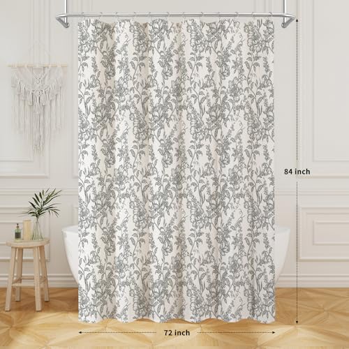 Black Boho Linen Fabric Shower Curtain , Farmhouse Floral For Bathroom