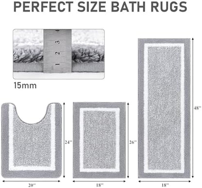 Pauwer Bathroom Rugs 3 Piece Set, Non Slip Washable Bath Mat, Light Grey
