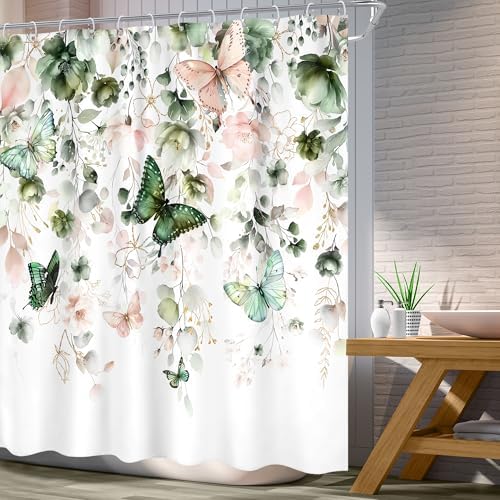 Green Pink Floral Butterfly Spring Summer Bathroom Shower Curtain Set