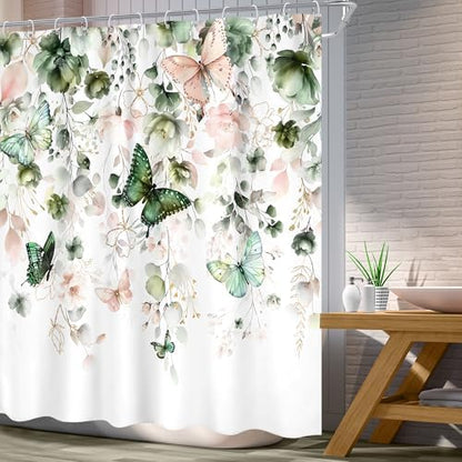 Green Pink Floral Butterfly Spring Summer Bathroom Shower Curtain Set