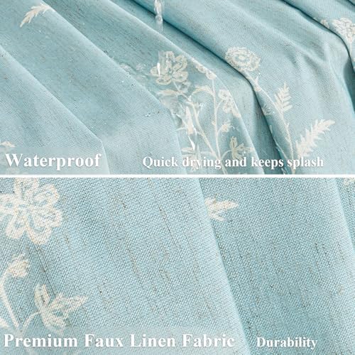 ORTIGIA Light Blue Linen Shower Curtain Farmhouse Vintage Floral Shower Curtains Baby Blue Boho Rustic Block Print Cottagecore Decor for Bathroom 72 W x 72 L