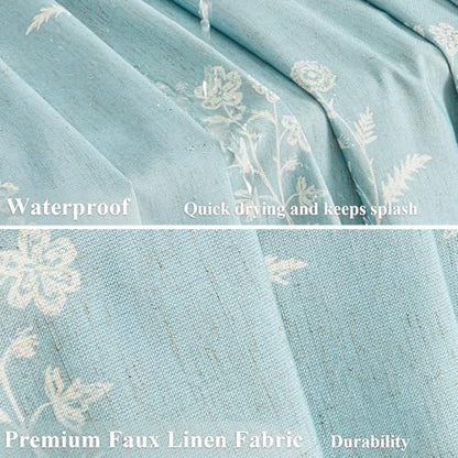 ORTIGIA Light Blue Linen Shower Curtain Farmhouse Vintage Floral Shower Curtains Baby Blue Boho Rustic Block Print Cottagecore Decor for Bathroom 72 W x 72 L