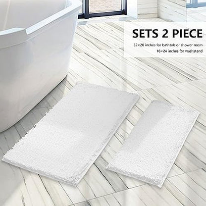 BOANKODU White Bathroom Rugs Sets 2 Piece, Soft Chenille Bath Mat Absorbent Bathroom Rug, Bathroom Mat with PVC Non-Slip Bottom, Machine Washable Bath Rugs (32x20 Inch + 24x16 Inch, White)