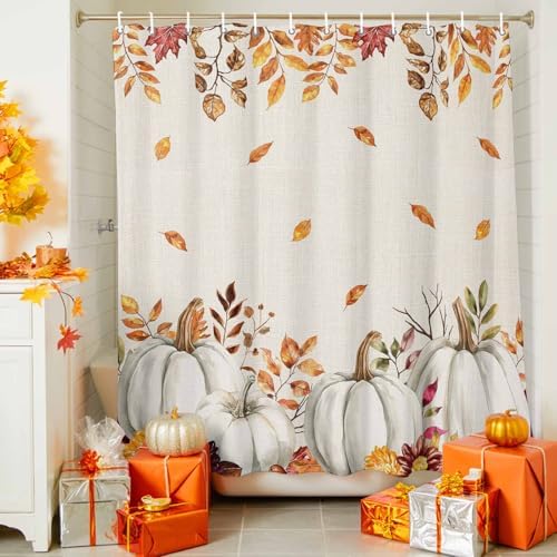 Shower Curtain Bathroom Set Thanksgiving Pumpkin Fall Orange Maple Leaf Watercolor Waterproof Shower Curtains with Grommets Hooks Vintage Linen Privacy Bath Curtain for Bathtub Decor 72x72in