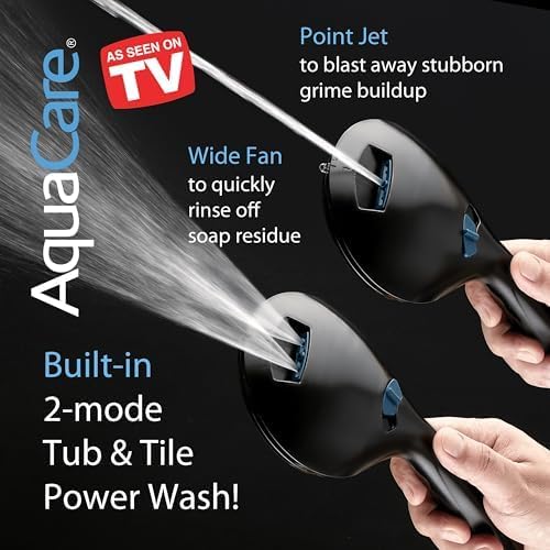 AquaCare 50-mode High Pressure Shower Head Combo with Arm & Dual Power Wash | Hygienic Jets, 2-mode Handheld Power Wash for Tub, Tile & Pets, Long 6 ft. Stainless Steel Hose, Extra Wall Bracket / Black