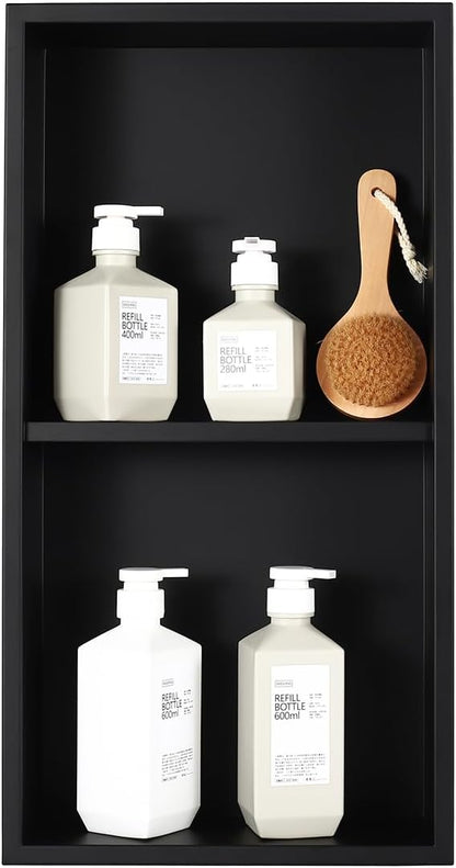 24 x 12 in Recessed Shower Niche with Double Shelves, Matte Black Stainless Steel Wall Insert, No Tile Needed, Leakproof Built-in Storage for Bathroom, Kitchen
