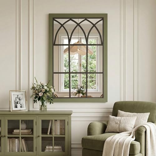 Retro Green Window Mirror for Wall Decor, Wood Frame Decorative Wall Mirror