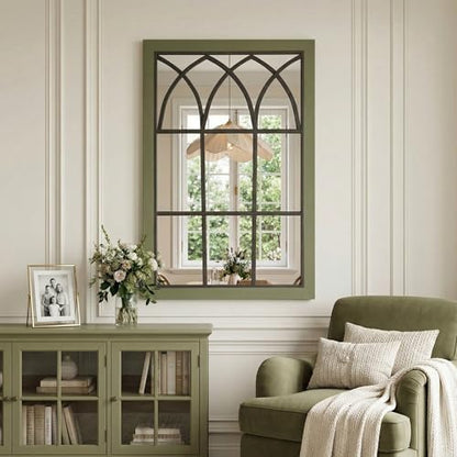 Retro Green Window Mirror for Wall Decor, Wood Frame Decorative Wall Mirror