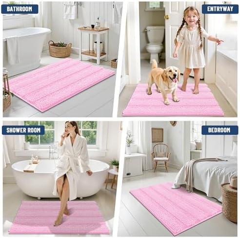 Grandaily Chenille Striped Bathroom Rugs 24x16, Extra Thick and Soft Absorbent Bath Mats, Rubber Backing, Plush Shaggy Shower Carpet, Machine Wash Dry, Bath Rug for Bathroom, Light Pink