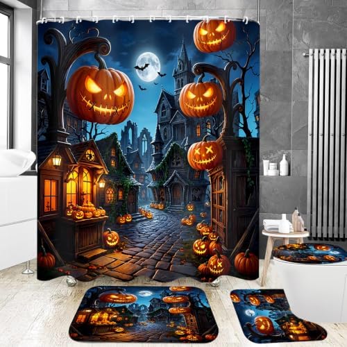 Yddsky 4PCS Halloween Street Shower Curtain Sets for Bathroom,72x72 Inch
