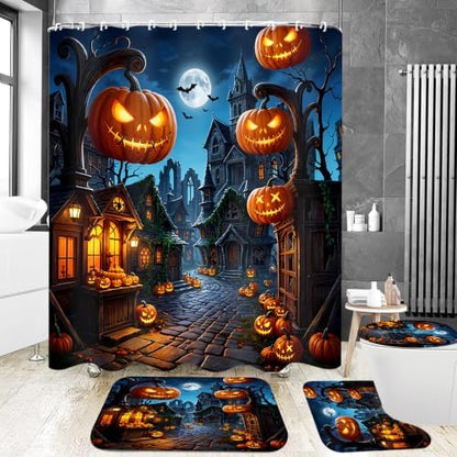 Yddsky 4PCS Halloween Street Shower Curtain Sets for Bathroom,72x72 Inch