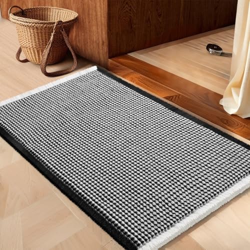 IM HOME Waffle Bath Mat Black & Cream 24"x17",Boho Woven Modern Bath Mat Rugs, Absorbent Non Slip Bathroom Rugs, Soft Washable Bath Rugs with Tassels for Bedroom, Kitchen, Shower, Tub