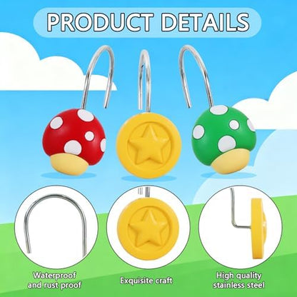 12-Piece Mushroom Coin Shower Curtain Hooks for Bathroom