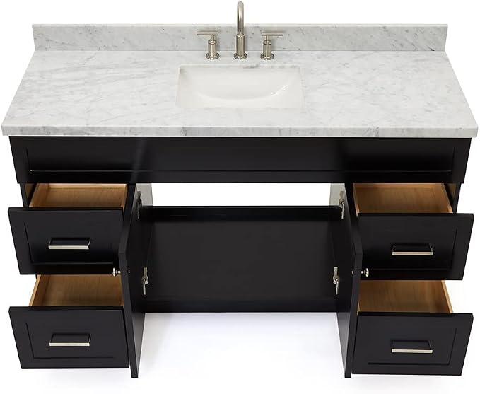 Bradford 60 Inch Bathroom Vanity Single Sink — Black Bathroom Vanity with Sink, 1.5" Edge Italian Carrara Marble Countertop, Solid Wood, 2 Soft-Close Doors, 4 Dovetail Drawers