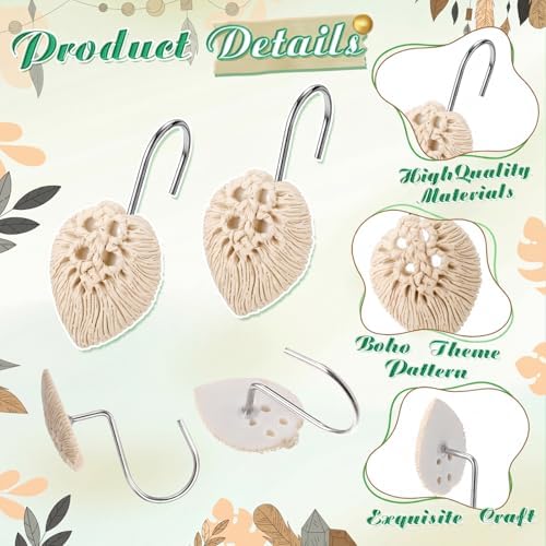 Thyle 12 Pcs Boho Shower Curtain Hooks, Bohemian Tassel Ornament Rings Shower Curtain Hooks Holiday Decorative for Bathroom Accessories