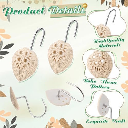 Thyle 12 Pcs Boho Shower Curtain Hooks, Bohemian Tassel Ornament Rings Shower Curtain Hooks Holiday Decorative for Bathroom Accessories