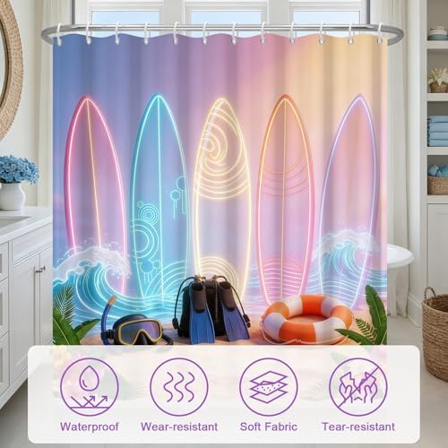 Waterproof Tropical Beach Shower Curtain with 12 Hooks, Colorful Neon Surfboard Design Fabric Shower Curtains with Weighted Bottom, Machine Washable Summer Shower Curtain for Bathroom , 72"W x 72"L