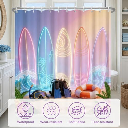 Waterproof Tropical Beach Shower Curtain with 12 Hooks, Colorful Neon Surfboard Design Fabric Shower Curtains with Weighted Bottom, Machine Washable Summer Shower Curtain for Bathroom , 72"W x 72"L