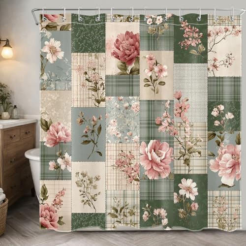 Retro Floral Patchwork Shower Curtain, Pink and Green, 72x72 inch