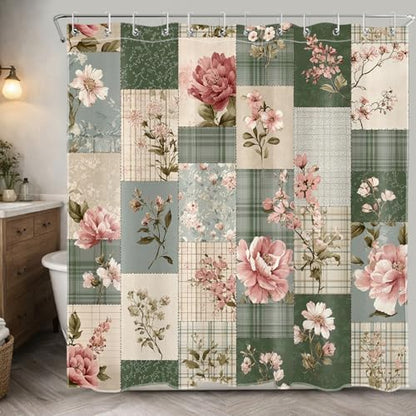 Retro Floral Patchwork Shower Curtain, Pink and Green, 72x72 inch