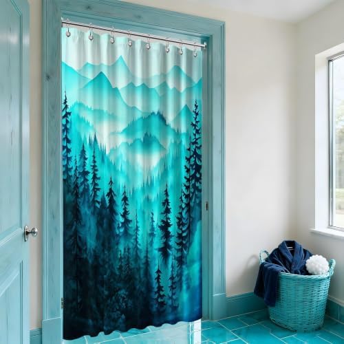 Dark Teal Forest Stall Shower Curtain, 48X72 in Narrow Small, Mountain
