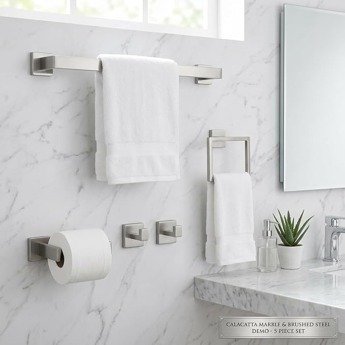 Brushed Nickel Bathroom Hardware Set, 5-Piece Premium SUS304 Stainless Steel Bath Accessories, 23.6 Inch Towel Bar Rack, Heavy Duty Square Fixtures for Modern Home